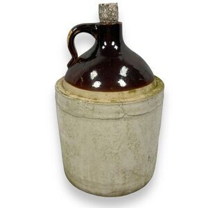 Antique Moonshine Jug Stoneware Vintage Pottery Primitive Crock Cork Brown Beige